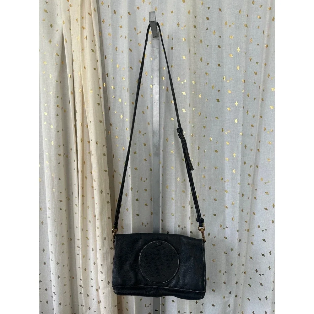 Tory Burch Perforated Logo Pebbled Leather Fold Over Magnetic Snap Crossbody